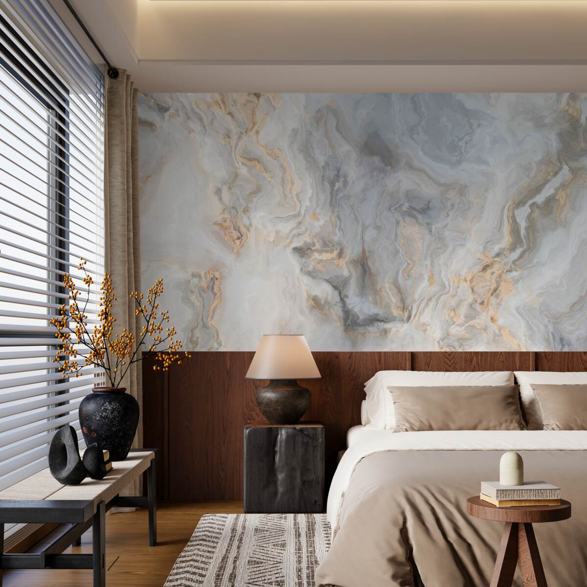 Фотошпалери сірий фон, декорований золотими тонами