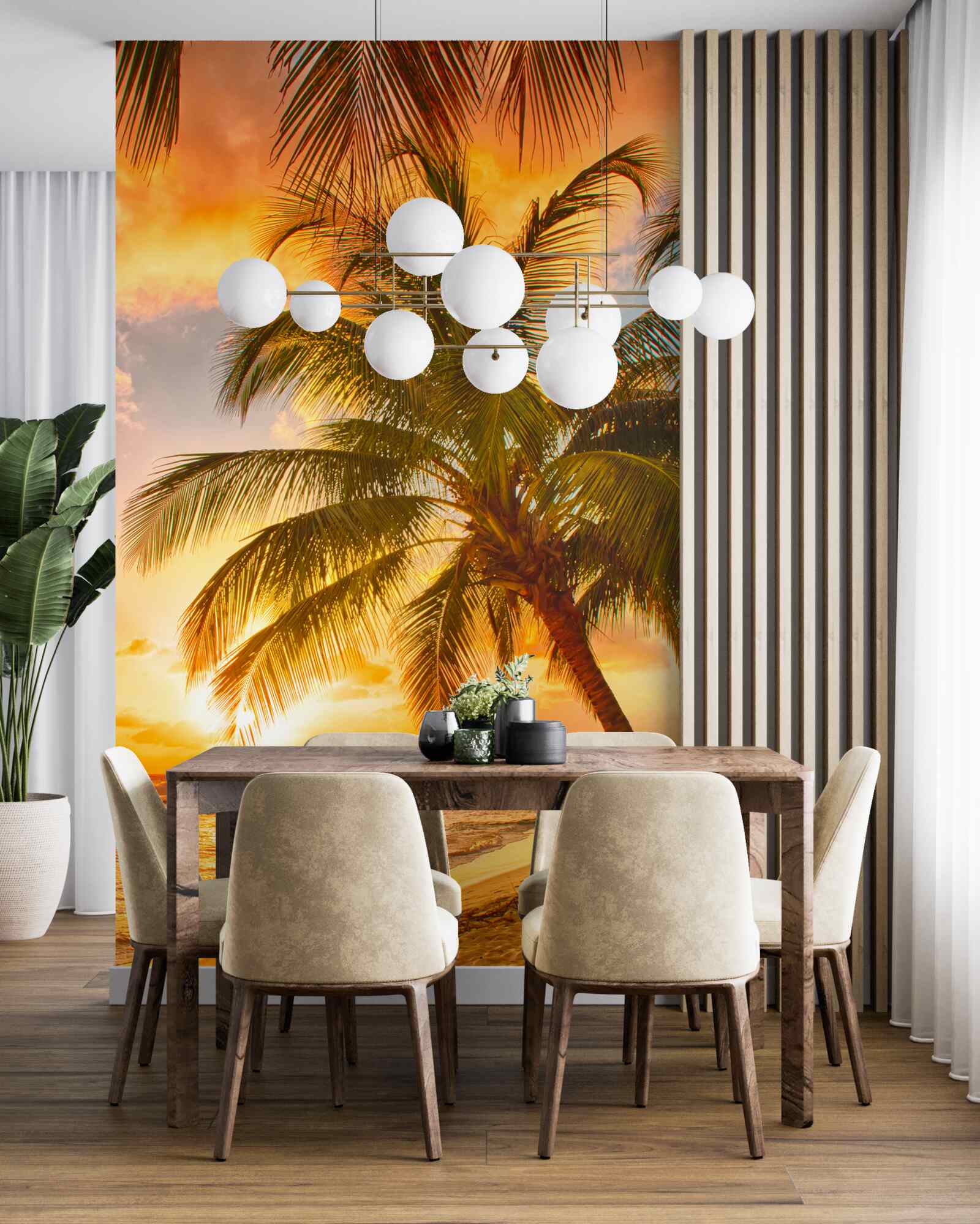 Фотошпалери захід сонця освітлює пальму на пляжі