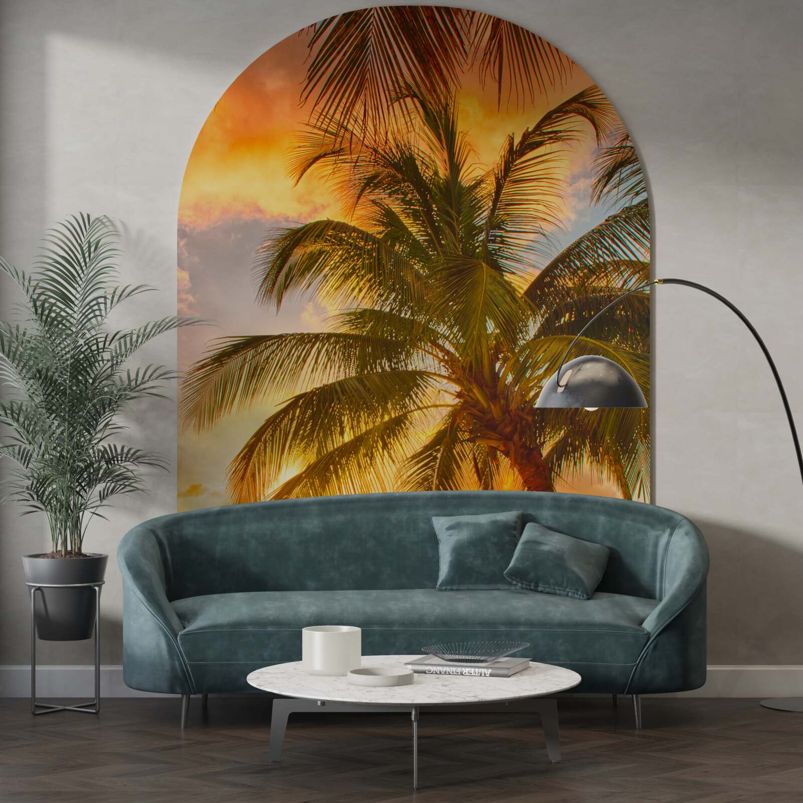 Фотошпалери захід сонця освітлює пальму на пляжі