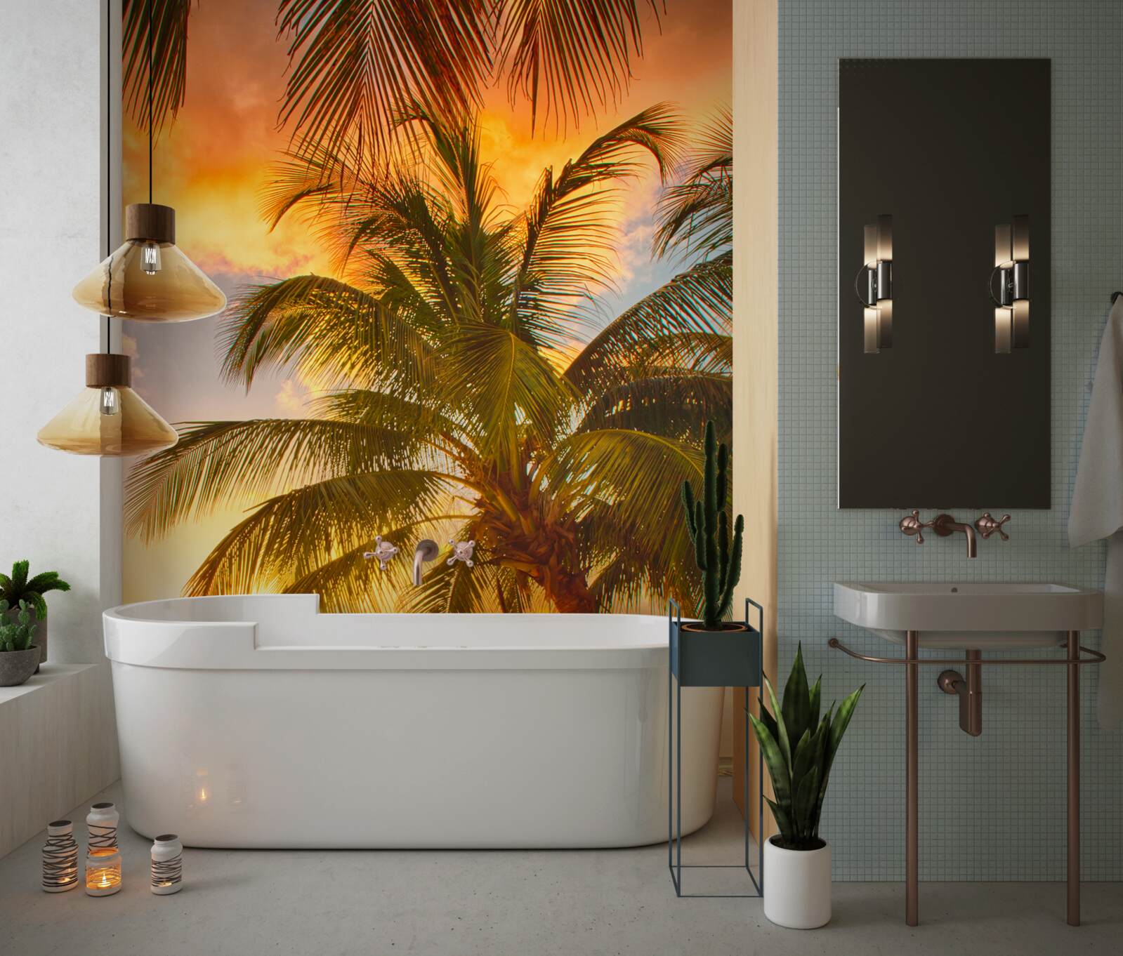 Фотошпалери захід сонця освітлює пальму на пляжі