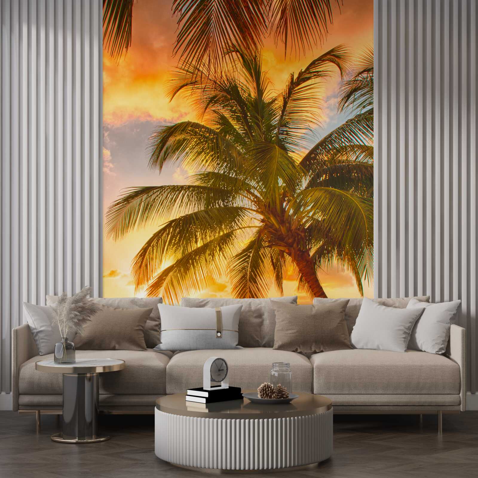 Фотошпалери захід сонця освітлює пальму на пляжі