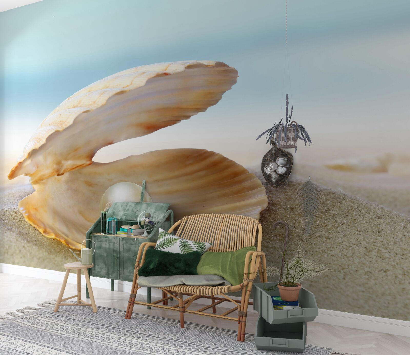 Фотошпалери перлина в мушлі молюска на узбережжі