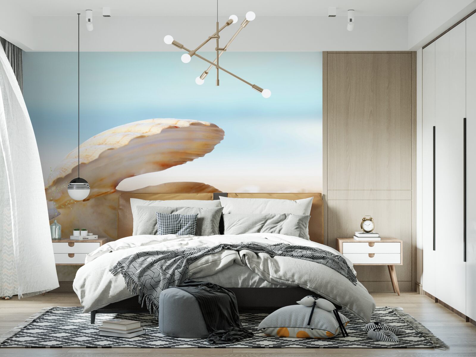 Фотошпалери перлина в мушлі молюска на узбережжі