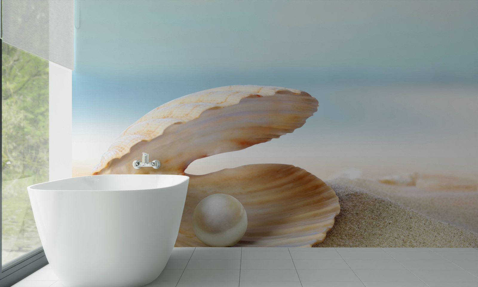 Фотошпалери перлина в мушлі молюска на узбережжі