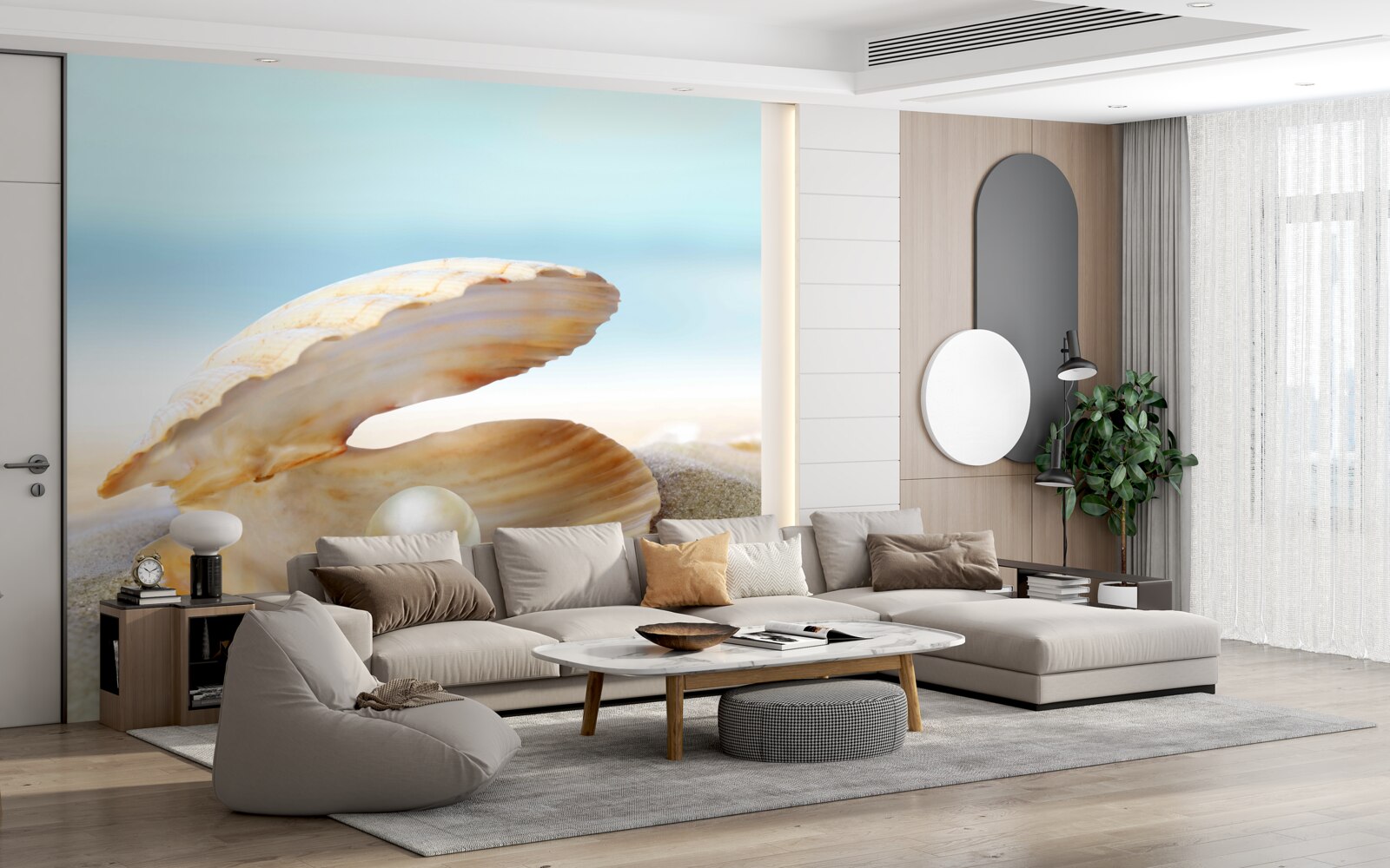 Фотошпалери перлина в мушлі молюска на узбережжі