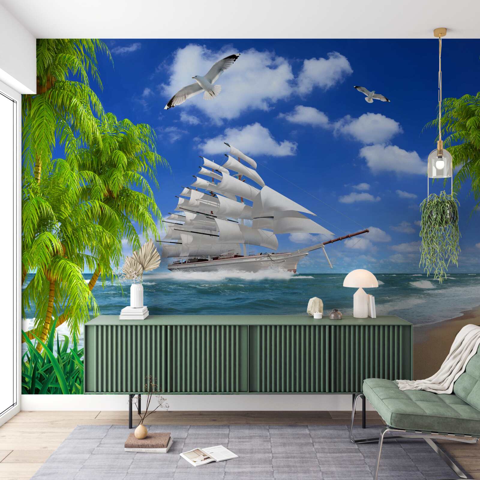 Фотошпалери корабель і тропічні дерева