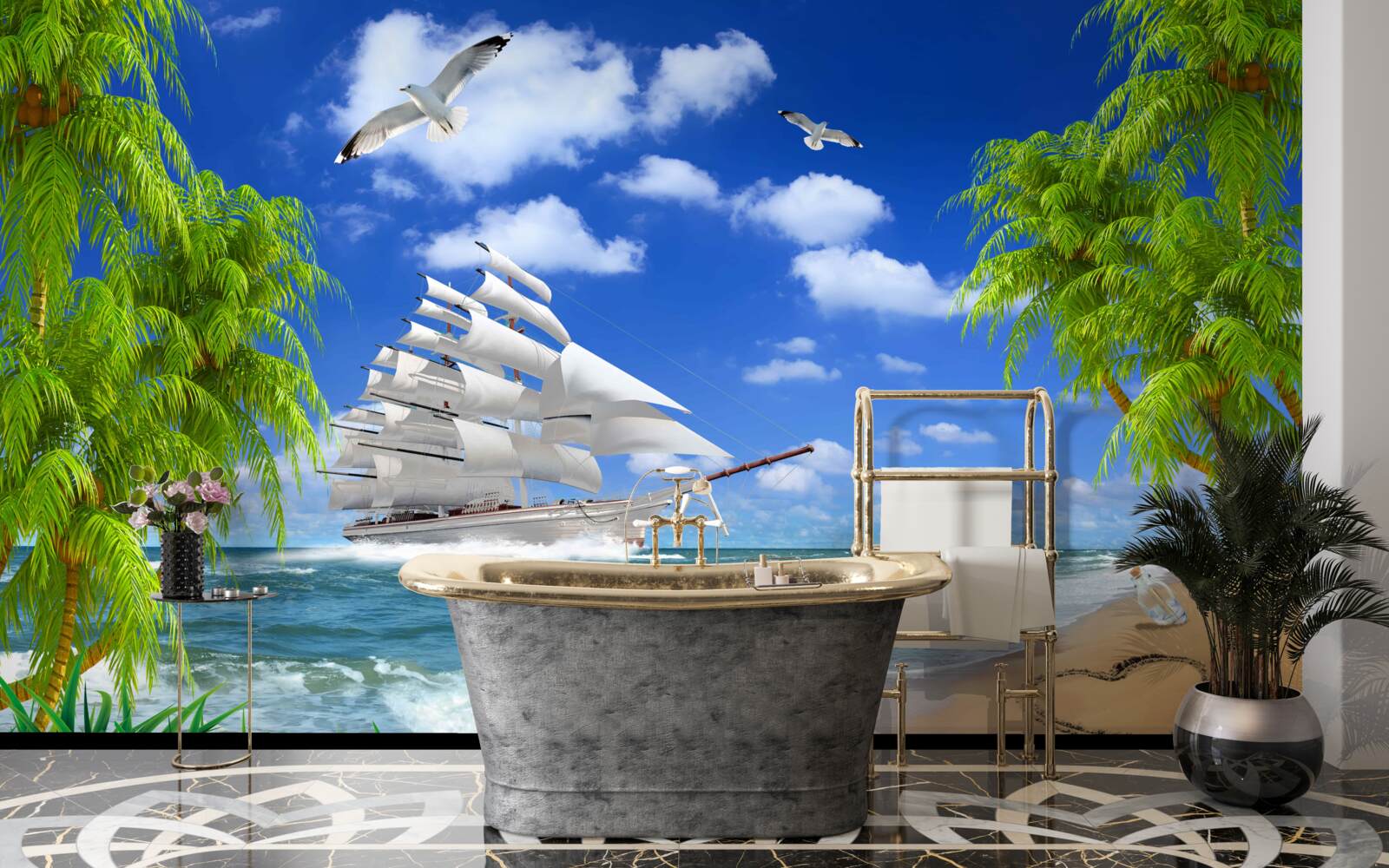 Фотошпалери корабель і тропічні дерева