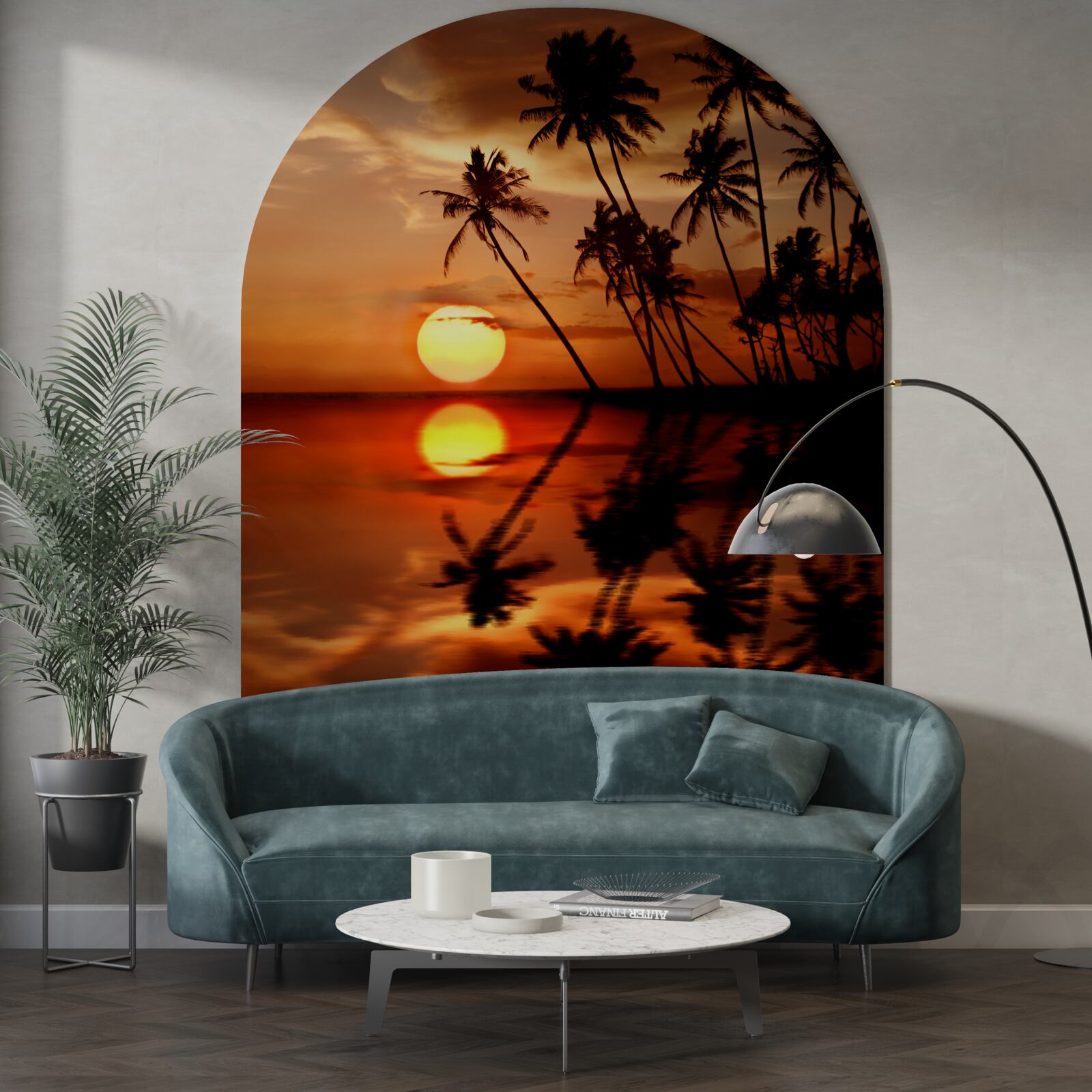 Фотошпалери захід сонця на тлі пальм