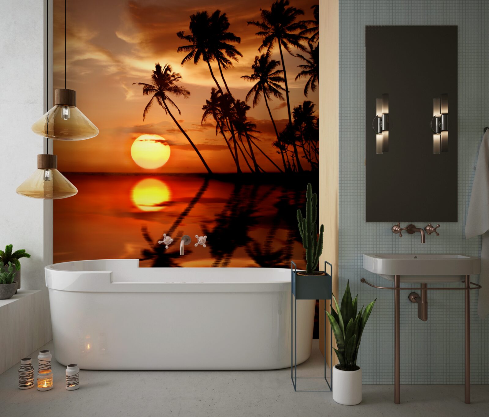 Фотошпалери захід сонця на тлі пальм