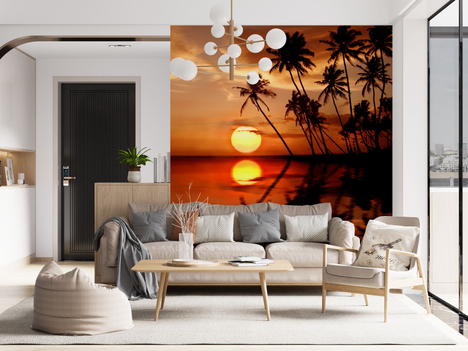 Фотошпалери захід сонця на тлі пальм
