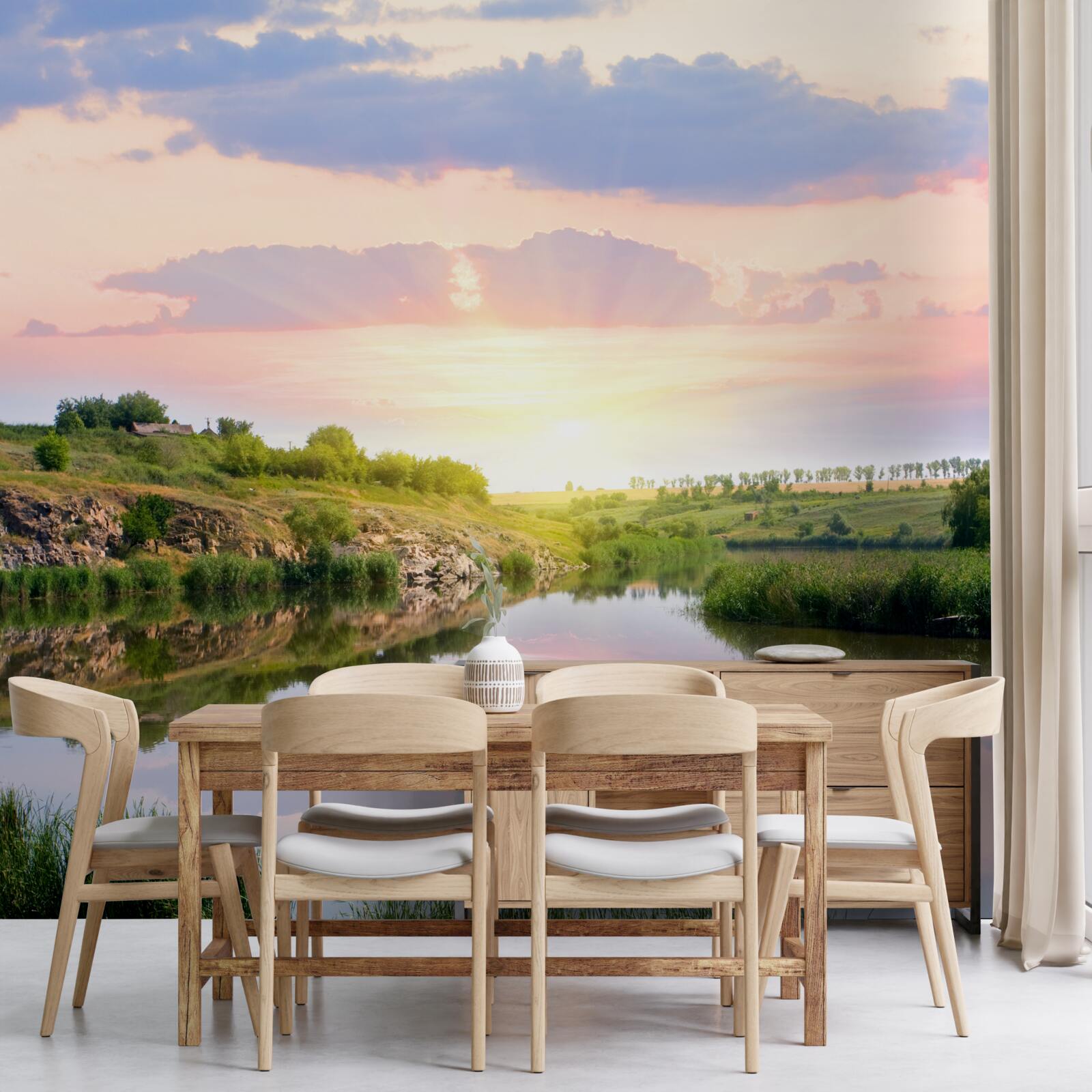 Фотошпалери затишна тераса на березі тихого озера