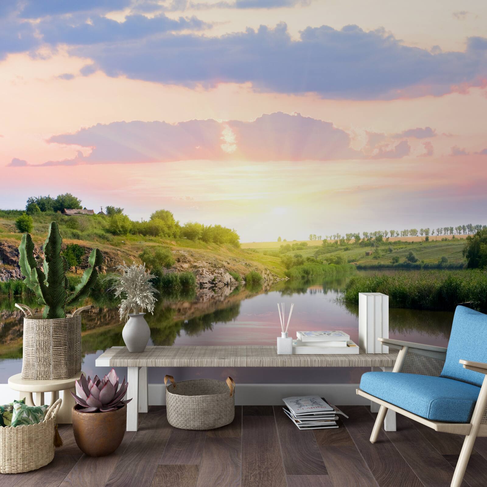 Фотошпалери затишна тераса на березі тихого озера