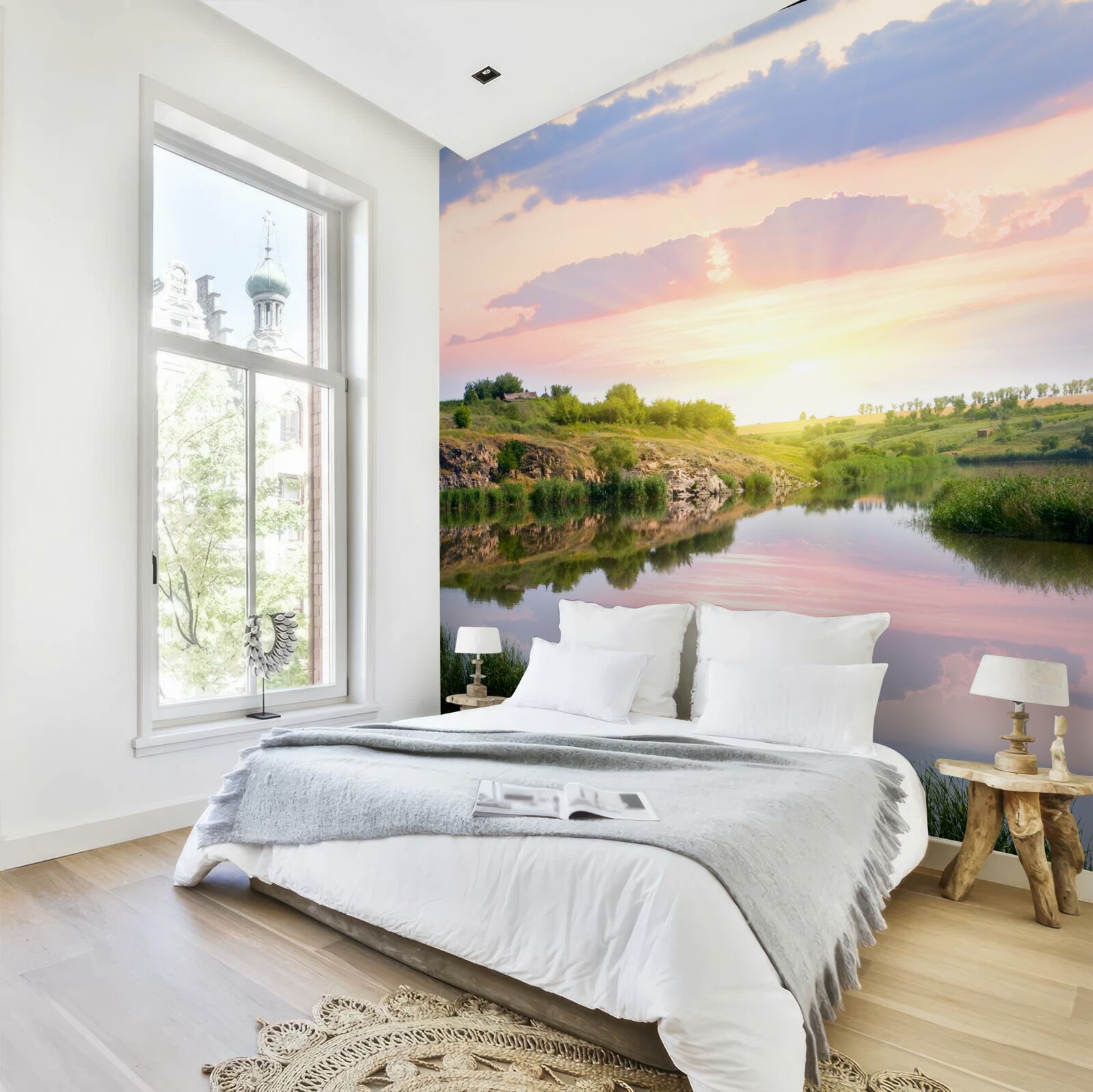 Фотошпалери затишна тераса на березі тихого озера