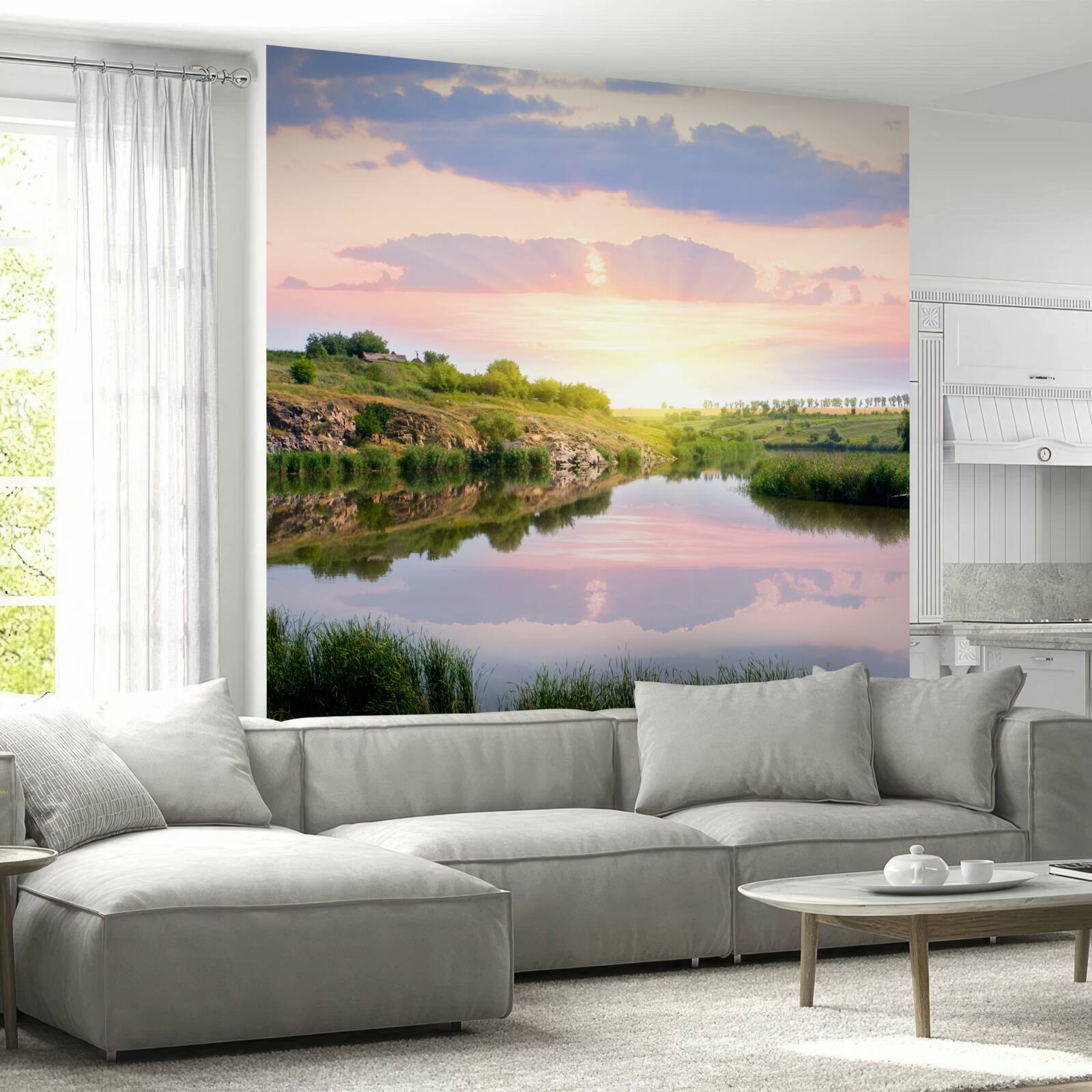 Фотошпалери затишна тераса на березі тихого озера