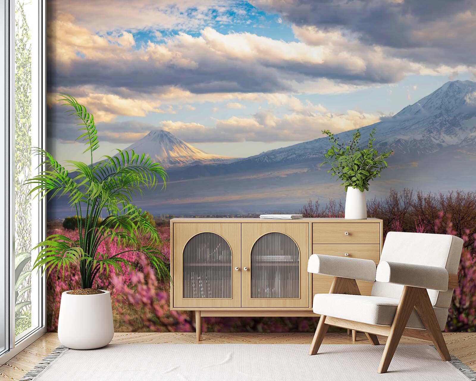 Фотошпалери Біля підніжжя гір гордо цвітуть сакури