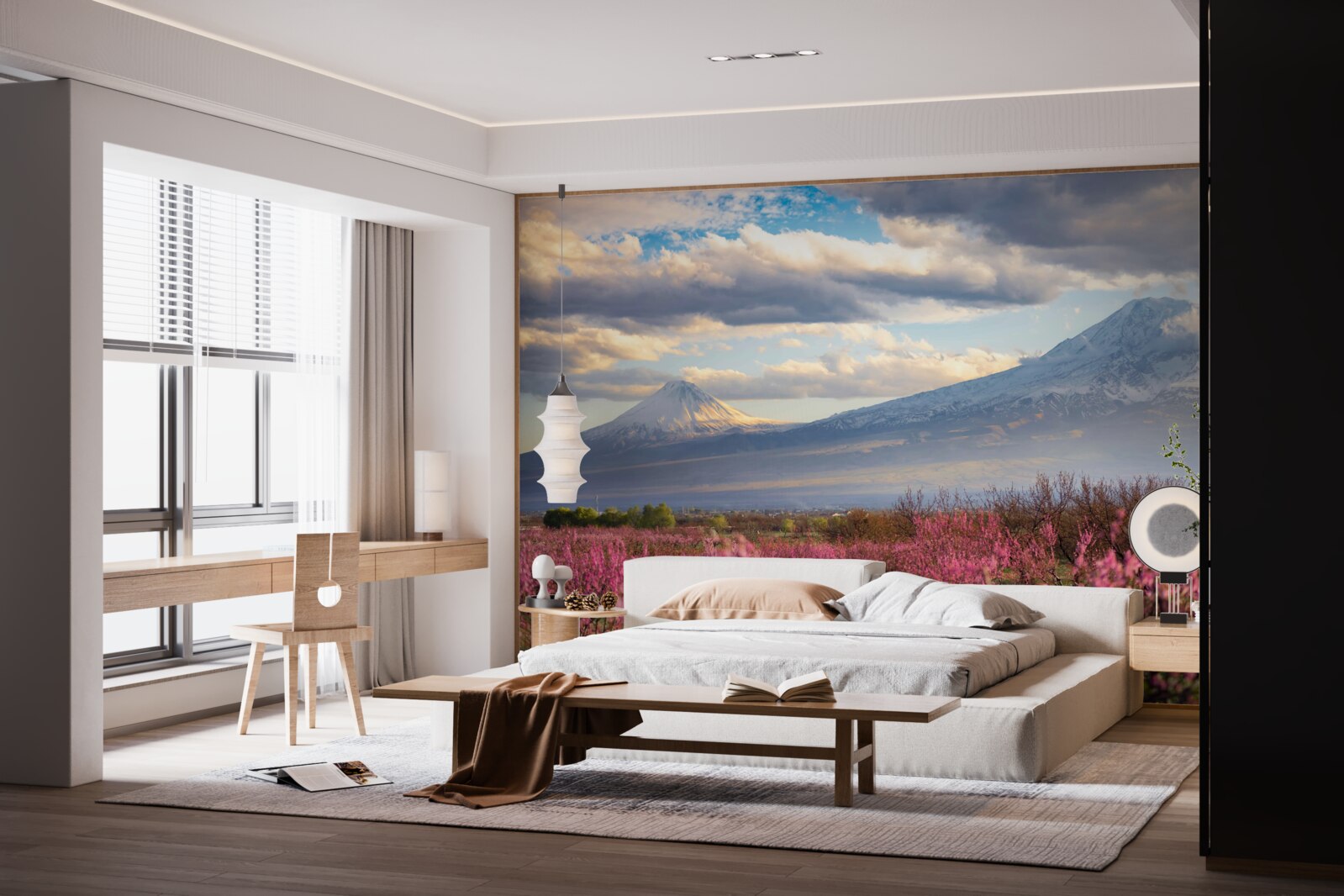 Фотошпалери Біля підніжжя гір гордо цвітуть сакури