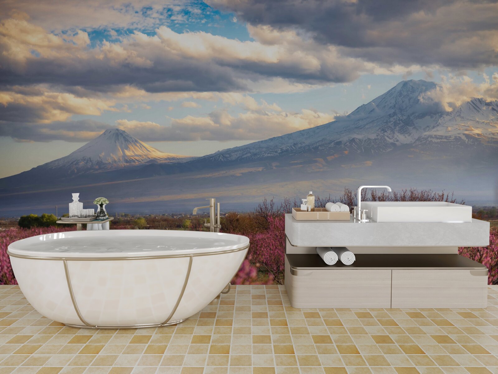 Фотошпалери Біля підніжжя гір гордо цвітуть сакури