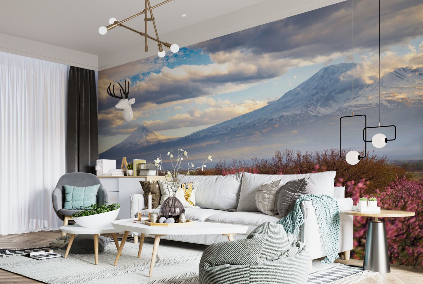 Фотошпалери Біля підніжжя гір гордо цвітуть сакури