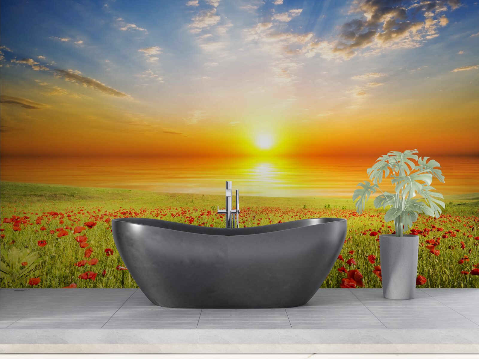 Фотошпалери захід сонця цього літа на лузі, всіяному маками, сповнений барв