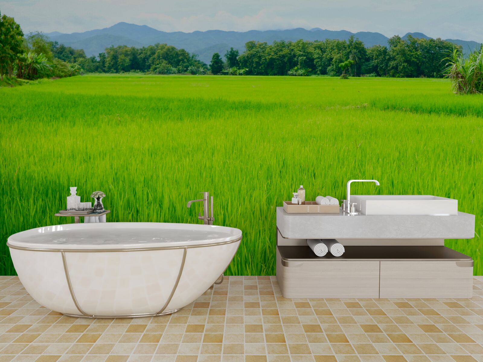 Фотошпалери Зелена галявина в горах