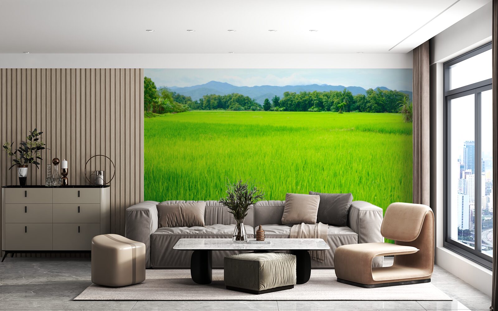 Фотошпалери Зелена галявина в горах