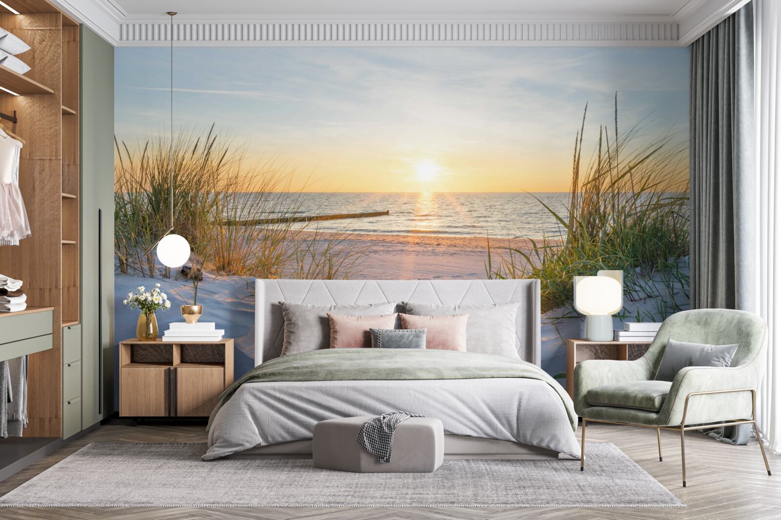 Фотошпалери піщаний пляж прикрашає зелена трава