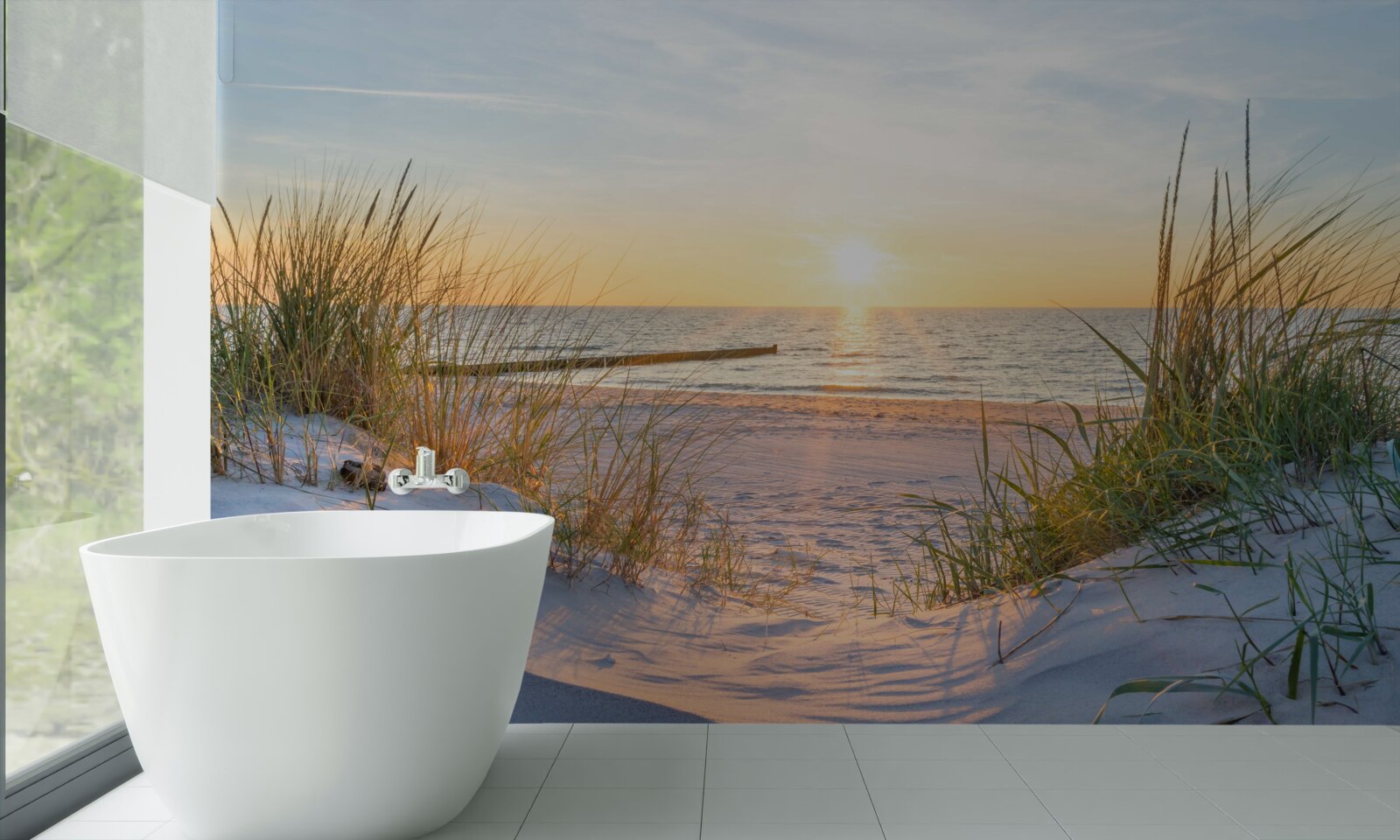 Фотошпалери піщаний пляж прикрашає зелена трава