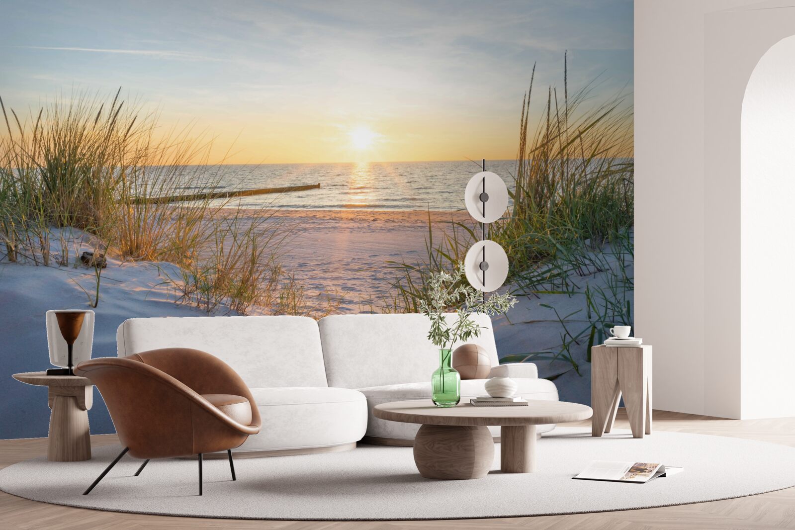 Фотошпалери піщаний пляж прикрашає зелена трава