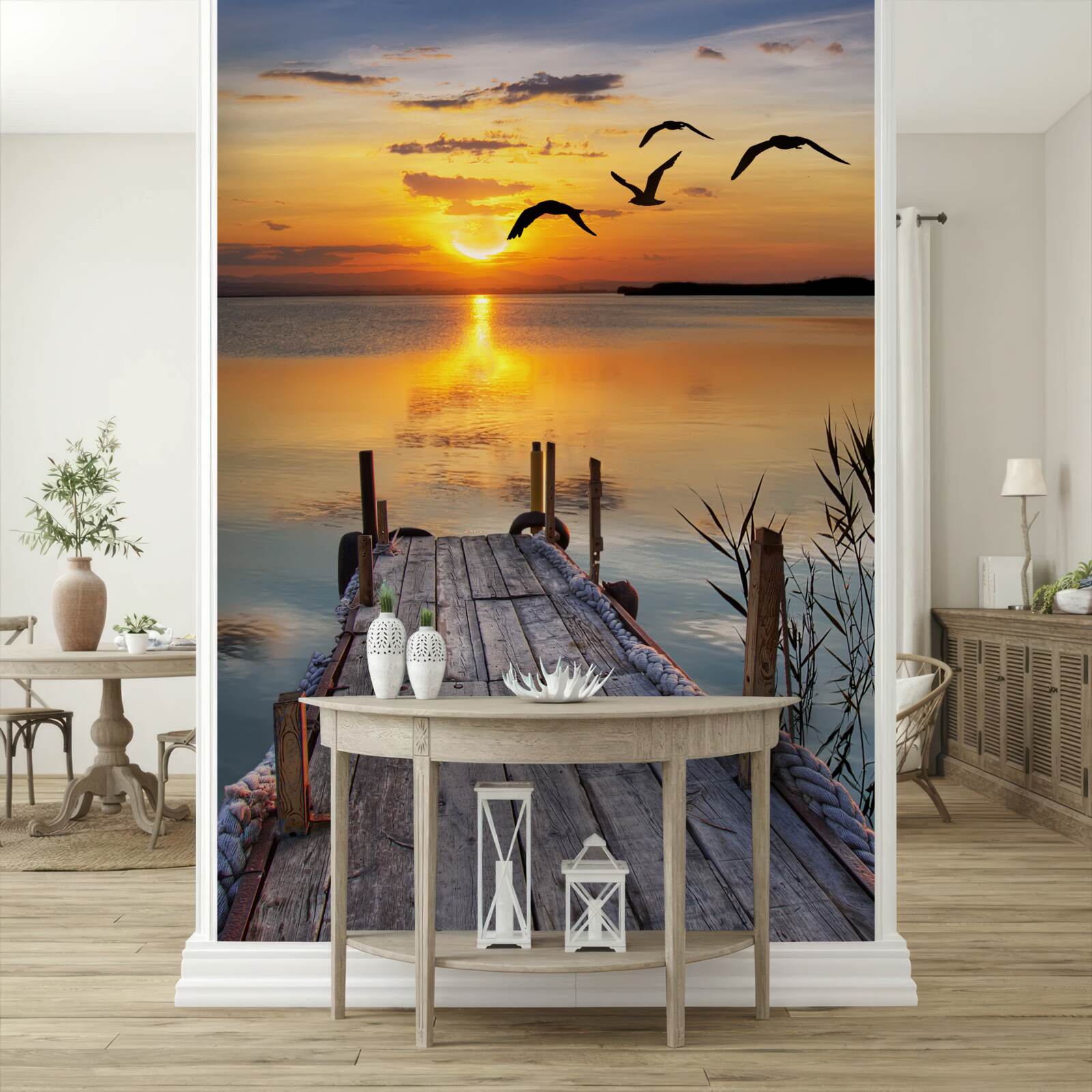 Фотошпалери теплий захід сонця на мосту, над яким кружляють чайки