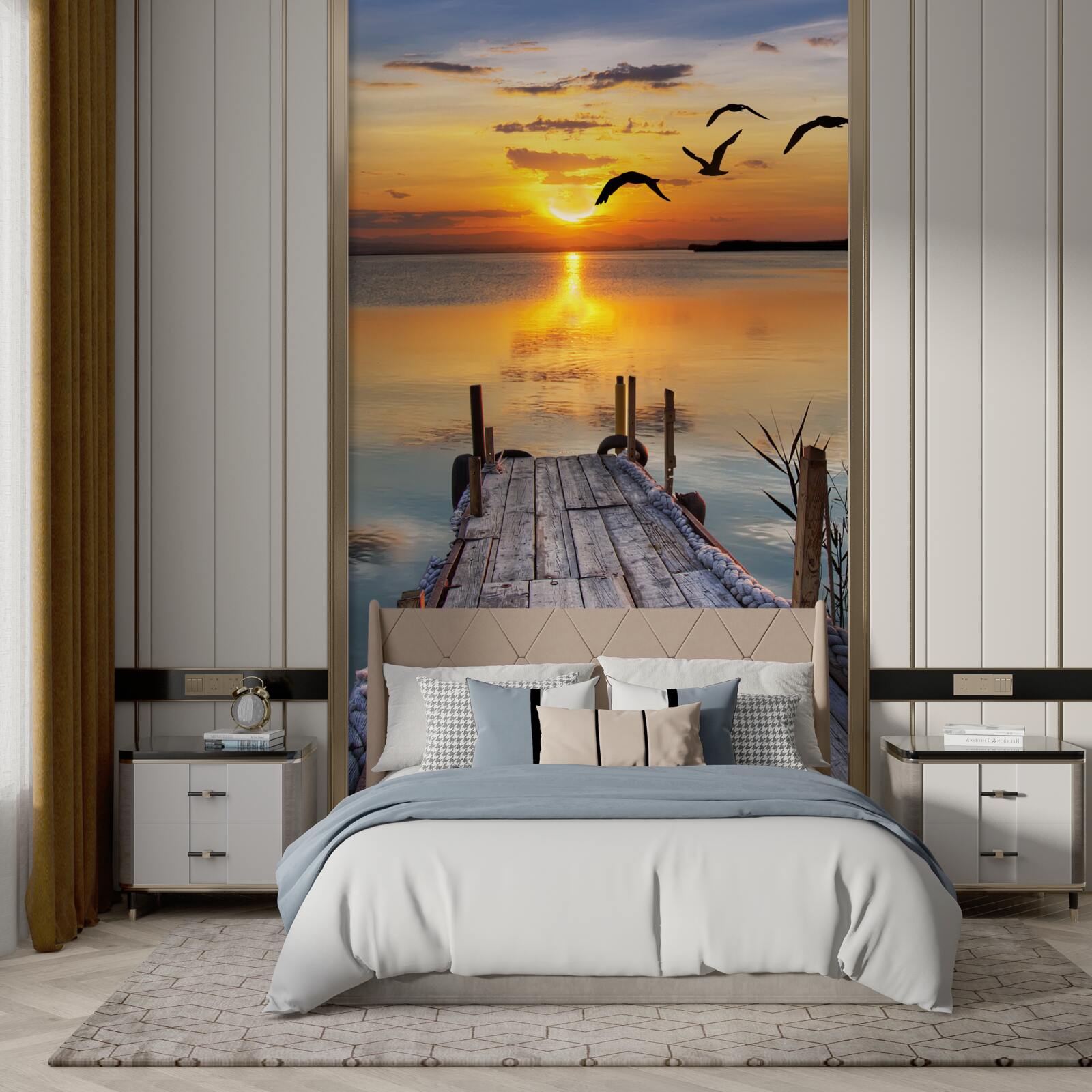 Фотошпалери теплий захід сонця на мосту, над яким кружляють чайки