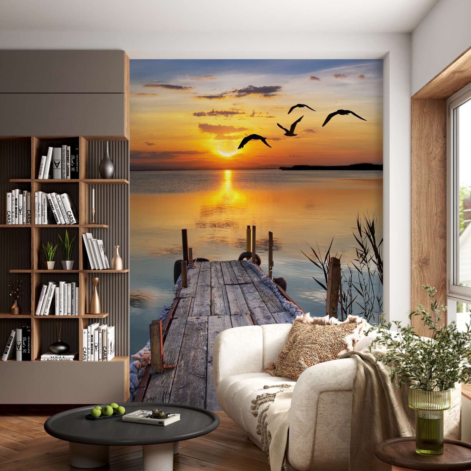 Фотошпалери теплий захід сонця на мосту, над яким кружляють чайки