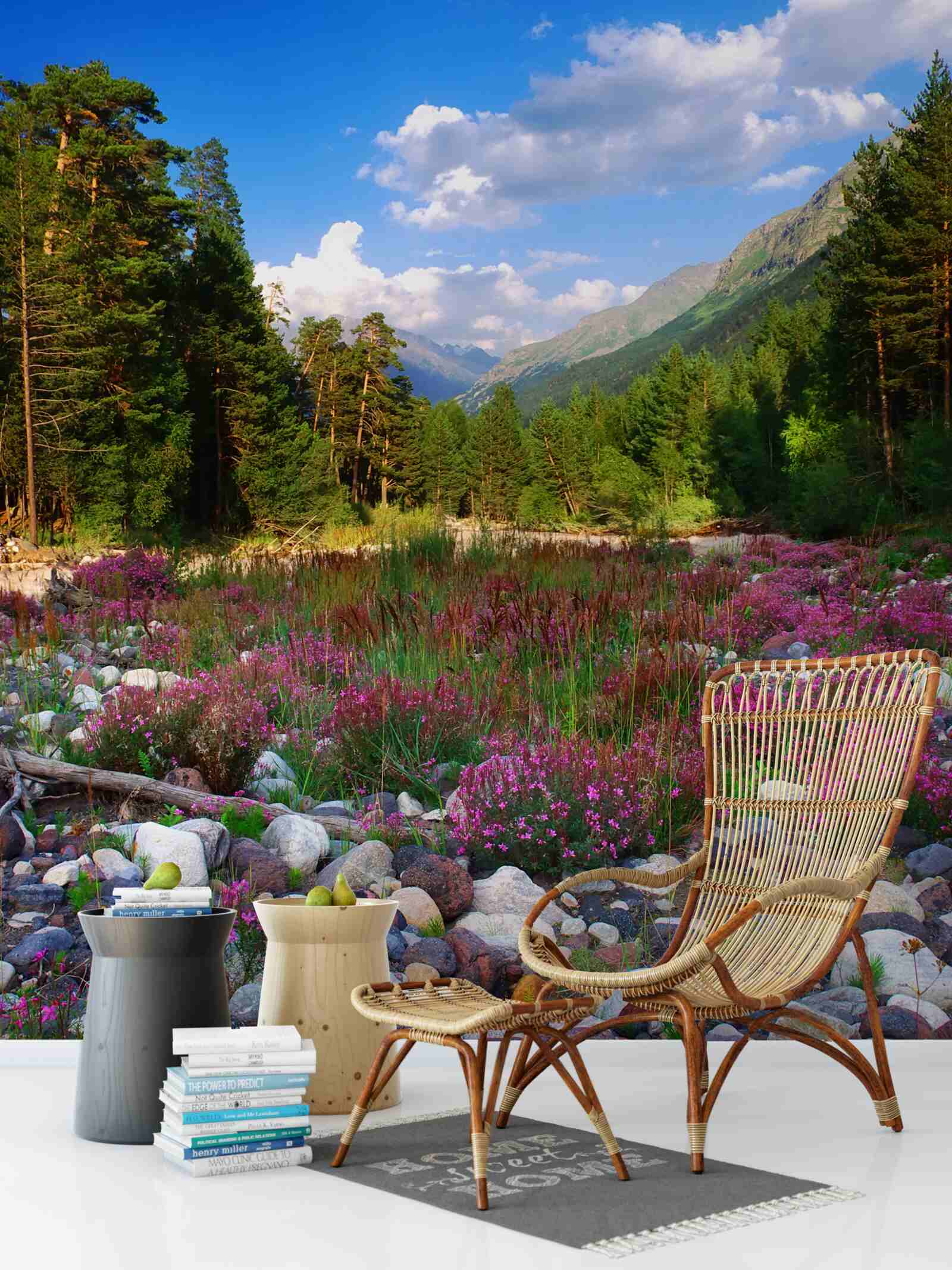 Фотошпалери різнокольорові блоки та зелена сосна