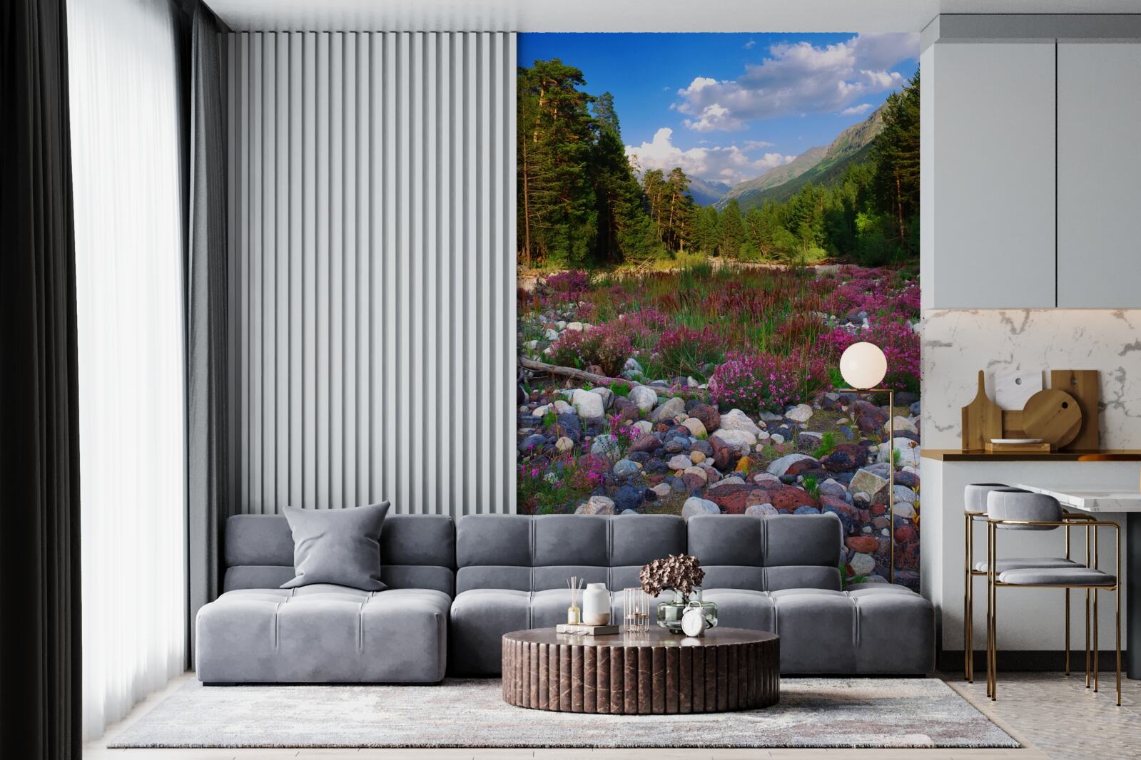 Фотошпалери різнокольорові блоки та зелена сосна