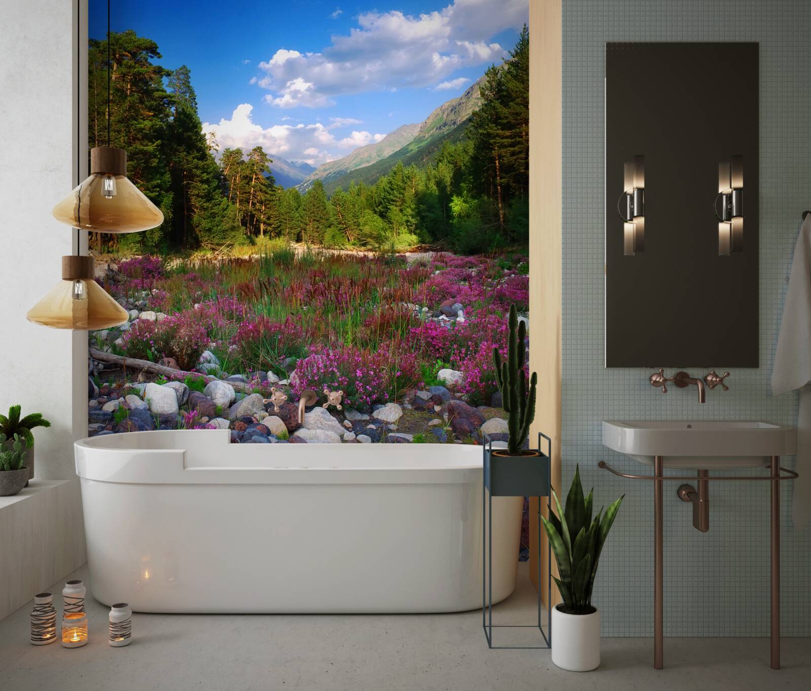 Фотошпалери різнокольорові блоки та зелена сосна