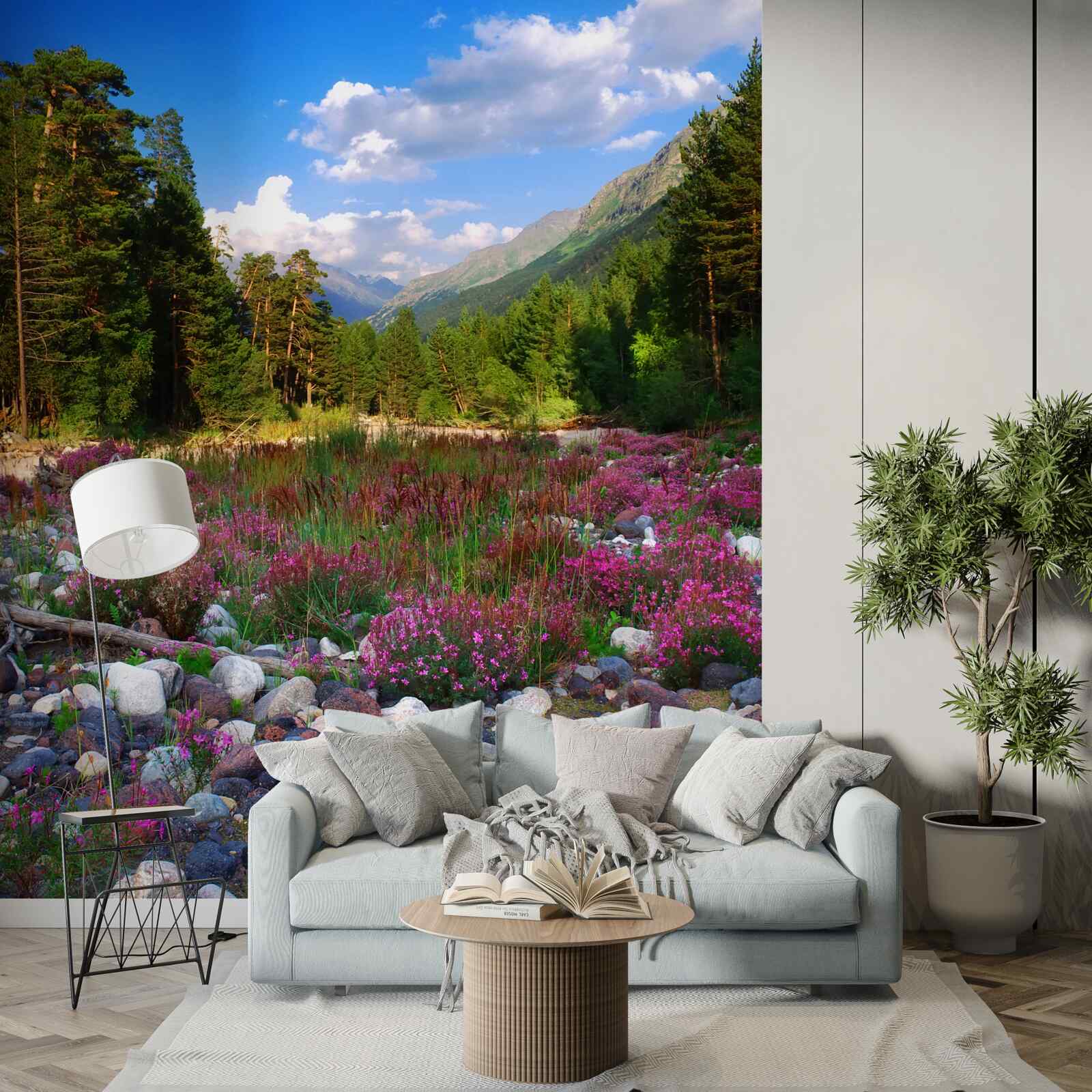 Фотошпалери різнокольорові блоки та зелена сосна