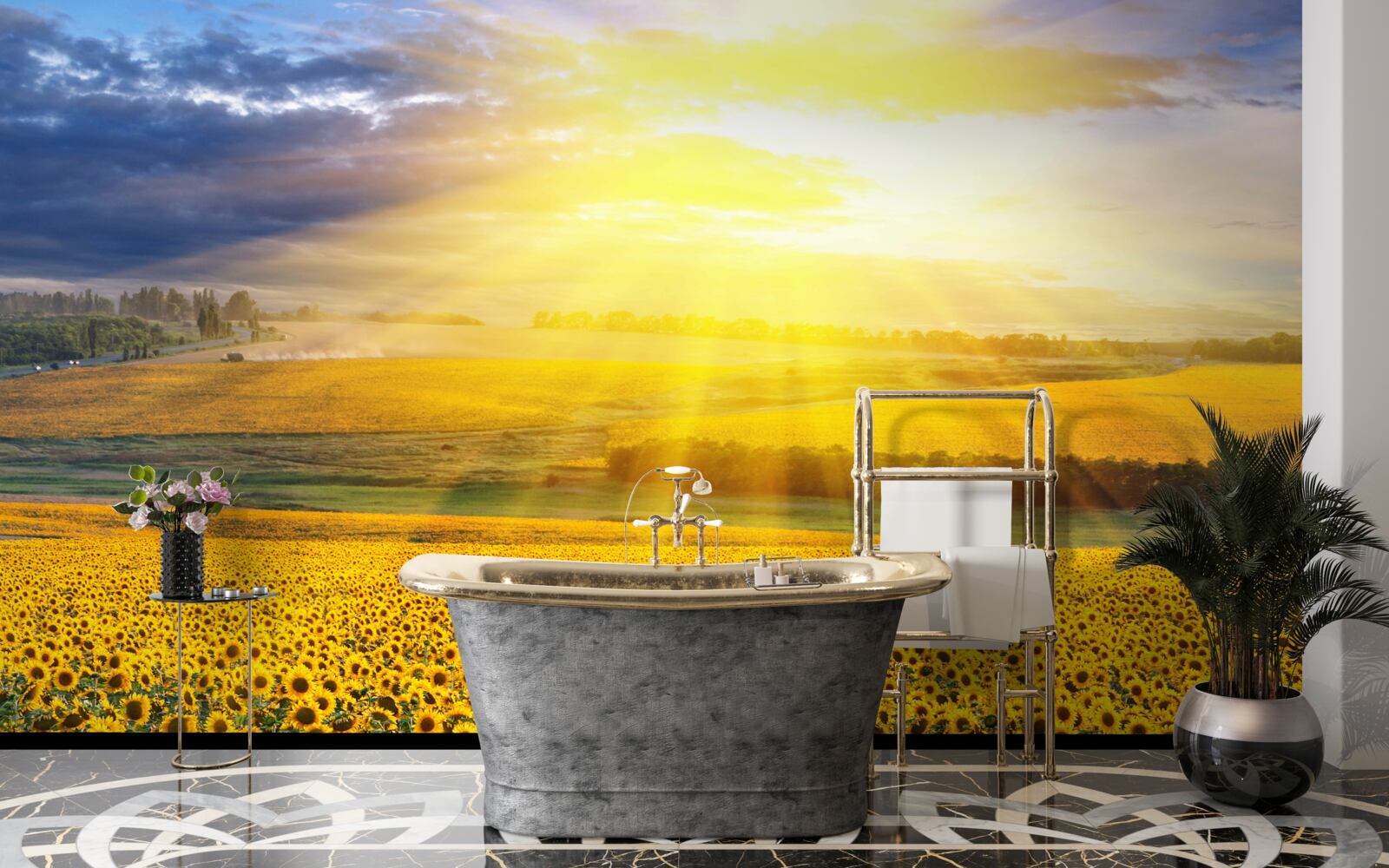 Фотошпалери сонце сяє над полем пишних соняшників