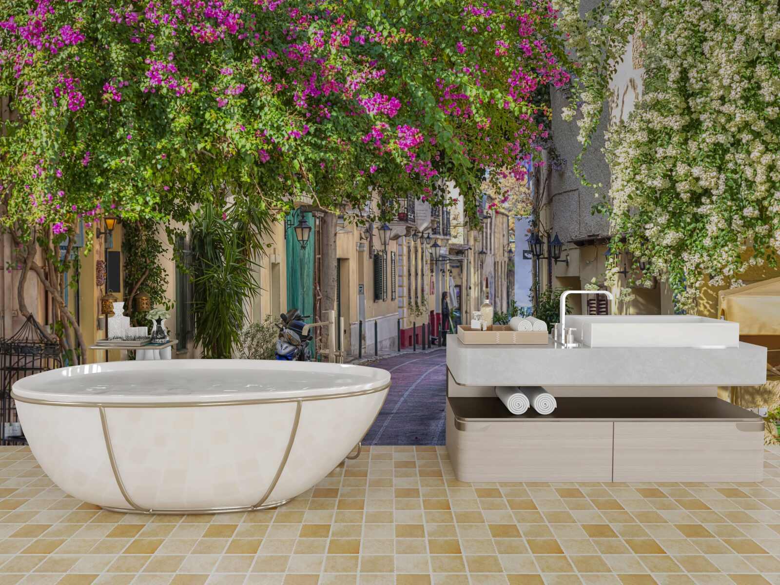 Фотошпалери вулиця, обласкана мальовничою зеленню, вміло створює атмосферу затишку