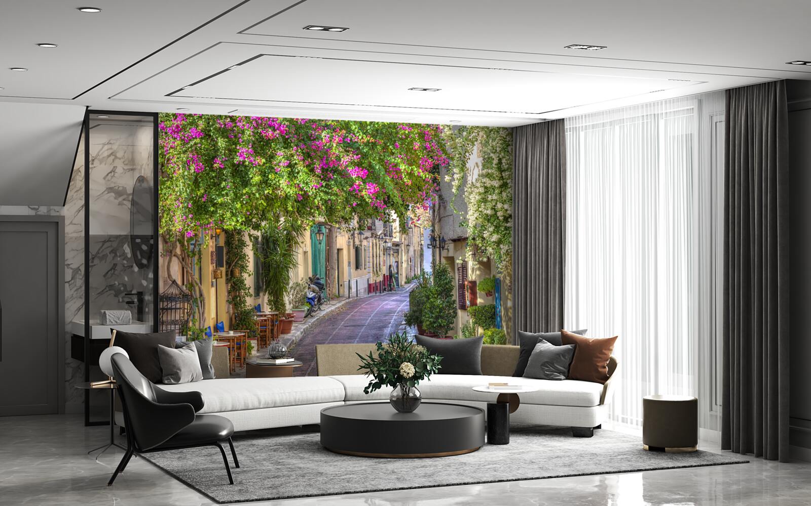 Фотошпалери вулиця, обласкана мальовничою зеленню, вміло створює атмосферу затишку