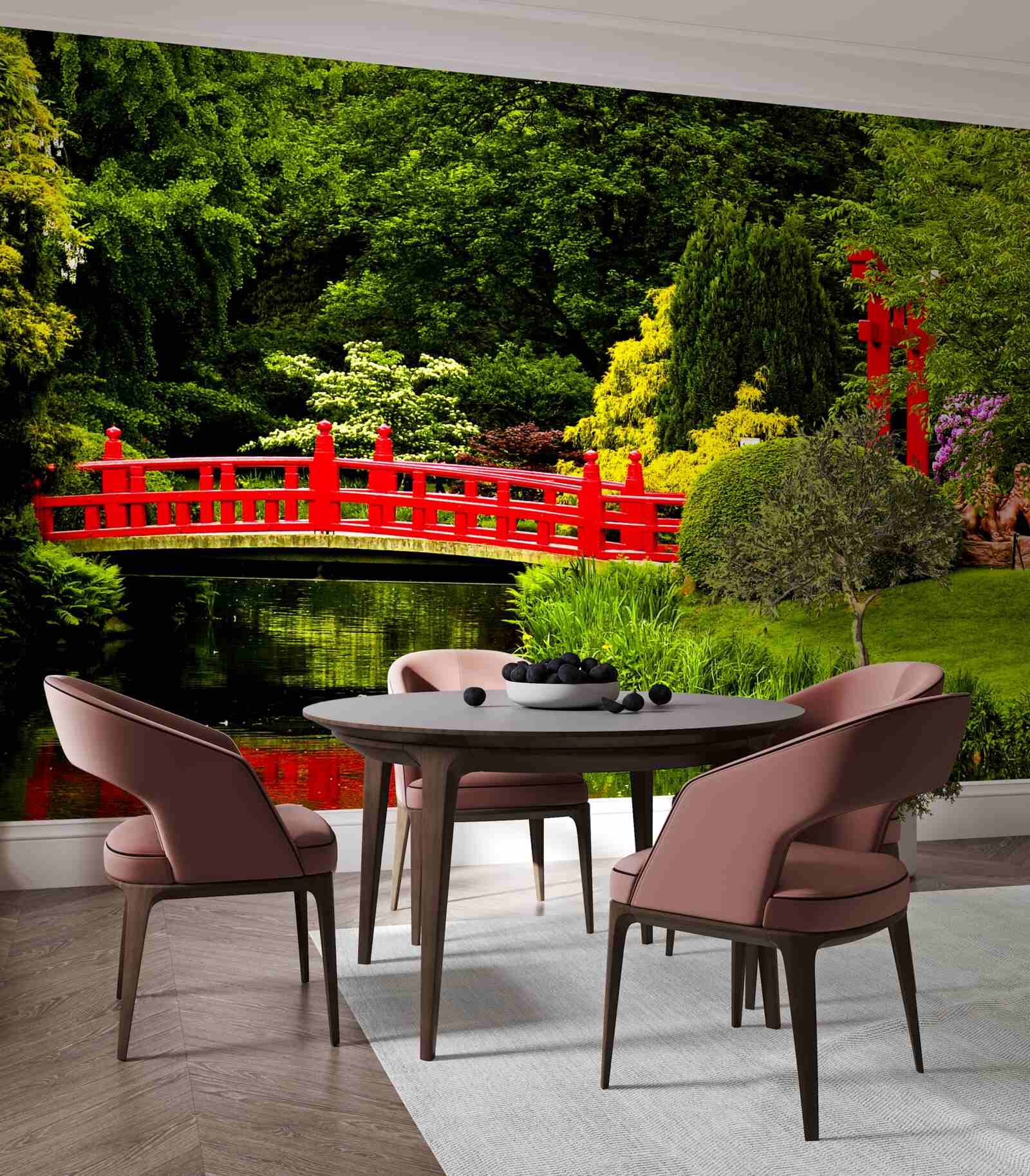 Фотошпалери червоний міст у японському саду