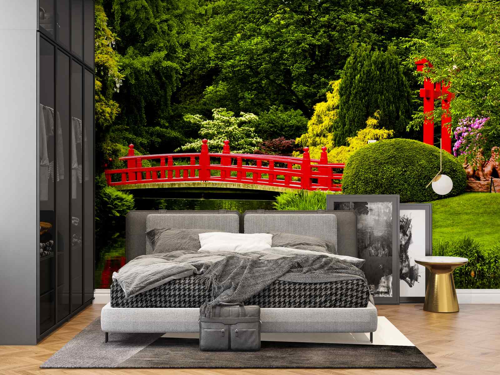 Фотошпалери червоний міст у японському саду