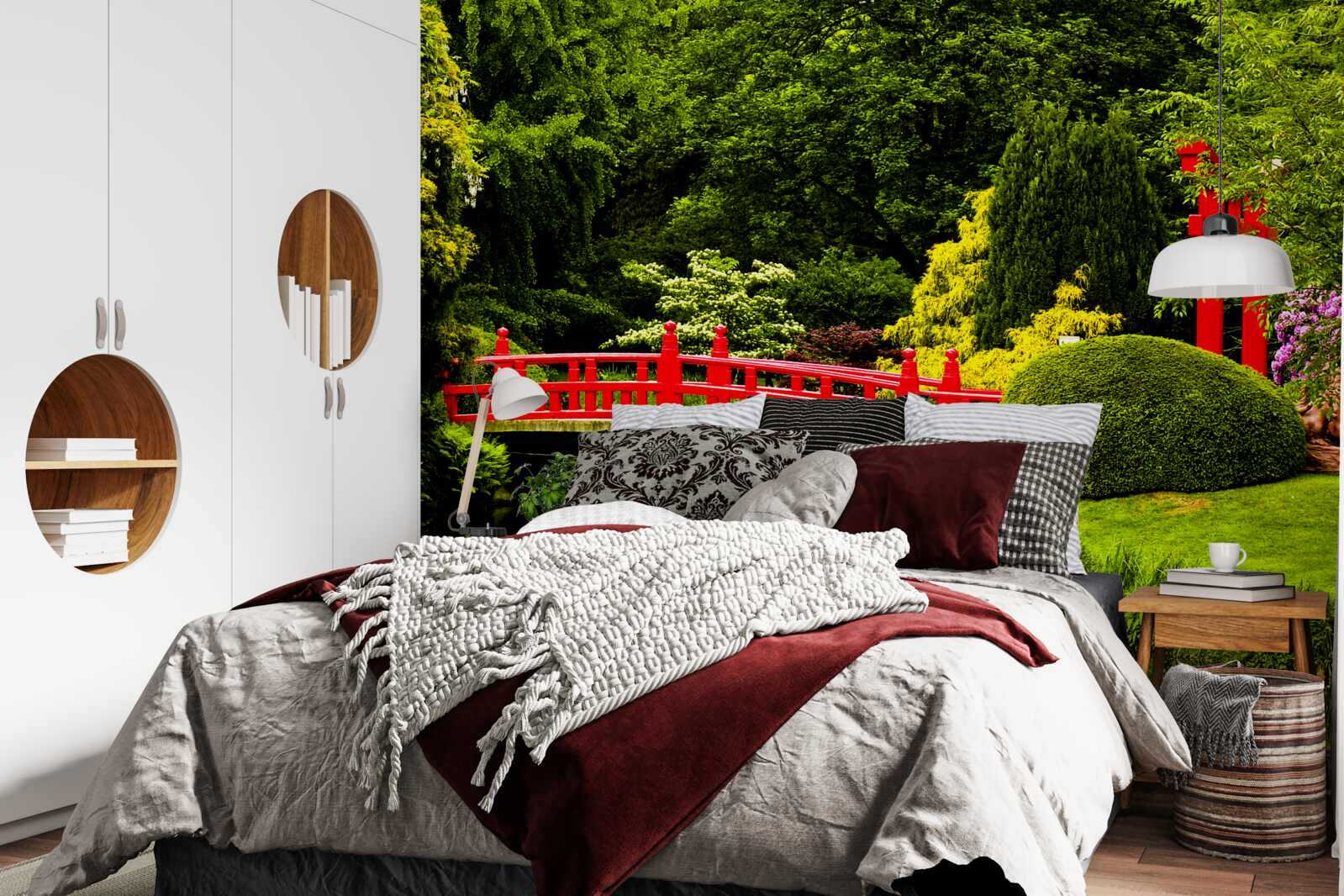 Фотошпалери червоний міст у японському саду