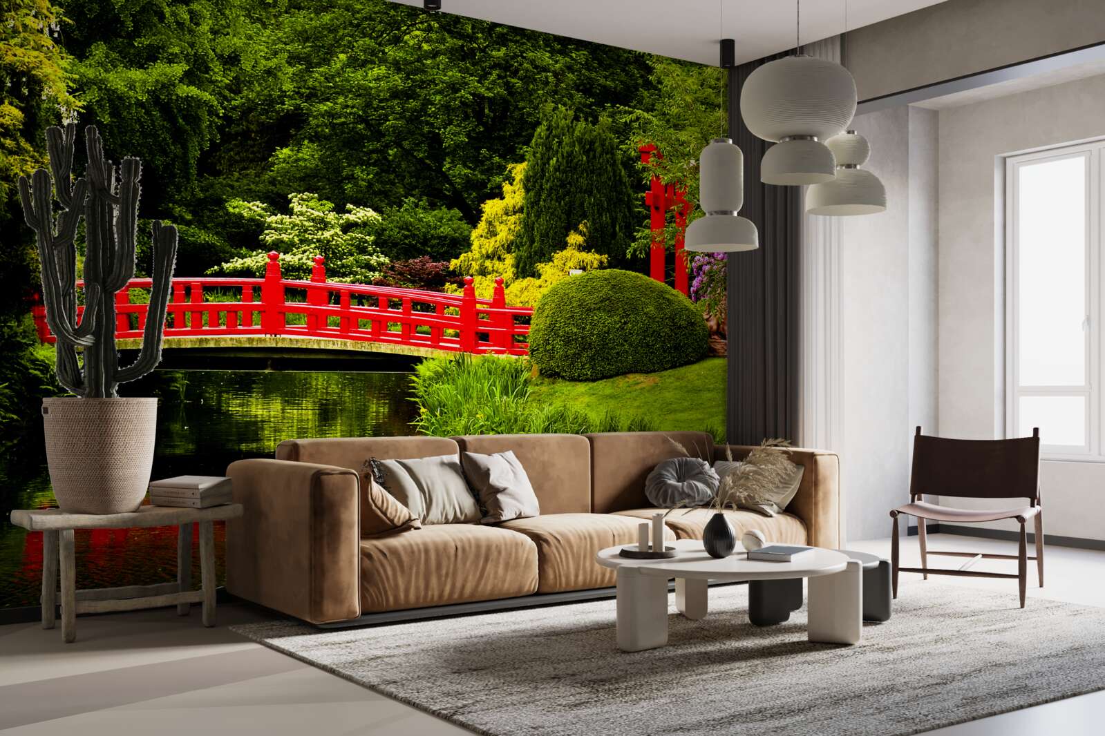 Фотошпалери червоний міст у японському саду