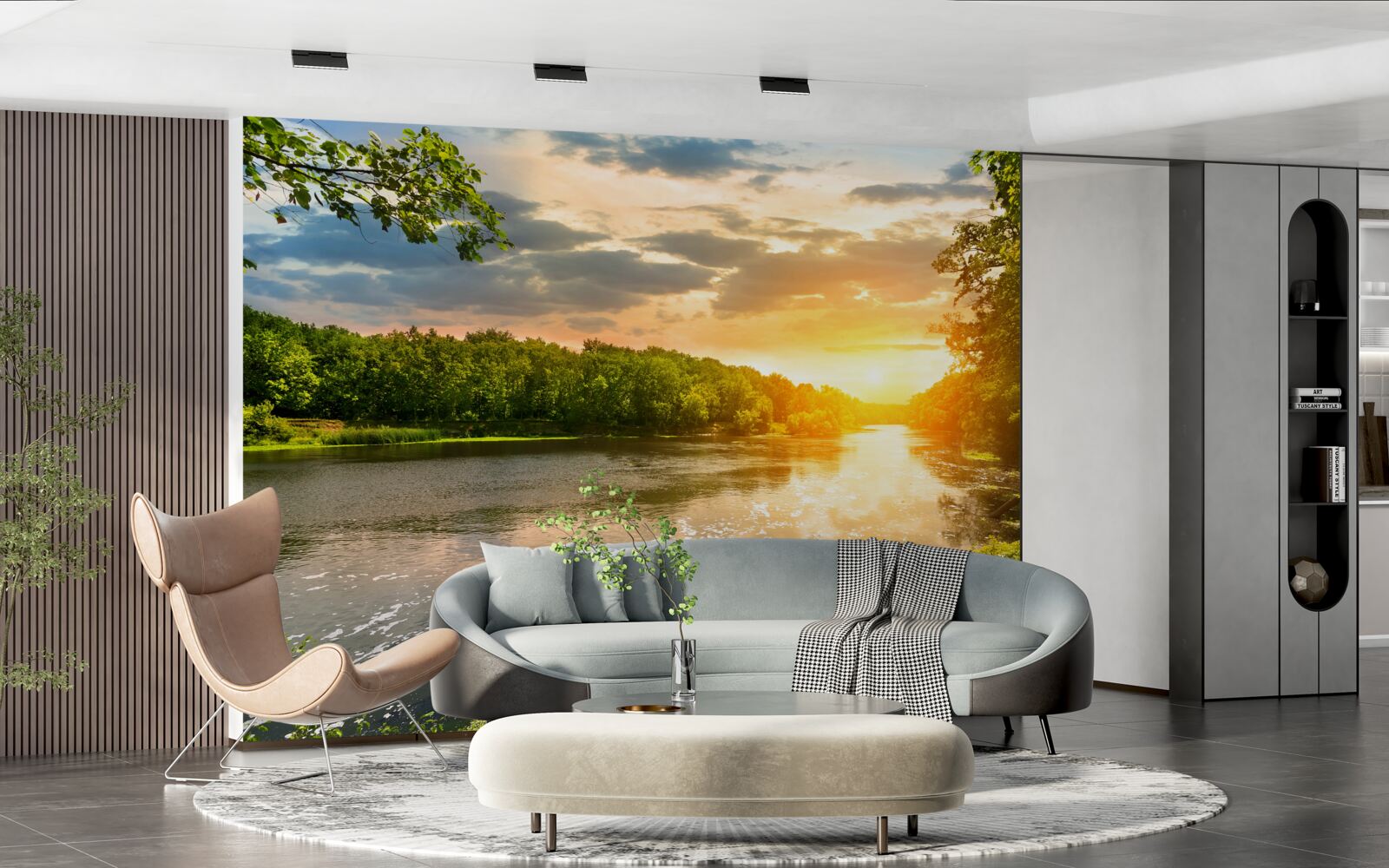 Фотошпалери призахідне сонце ніжно зігріває лісову річку