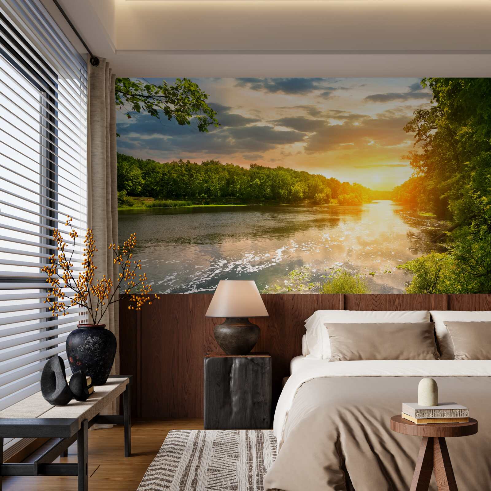 Фотошпалери призахідне сонце ніжно зігріває лісову річку