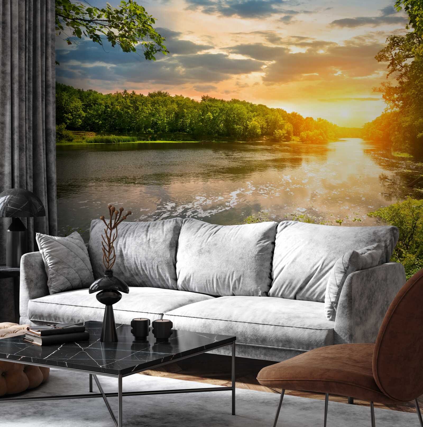 Фотошпалери призахідне сонце ніжно зігріває лісову річку