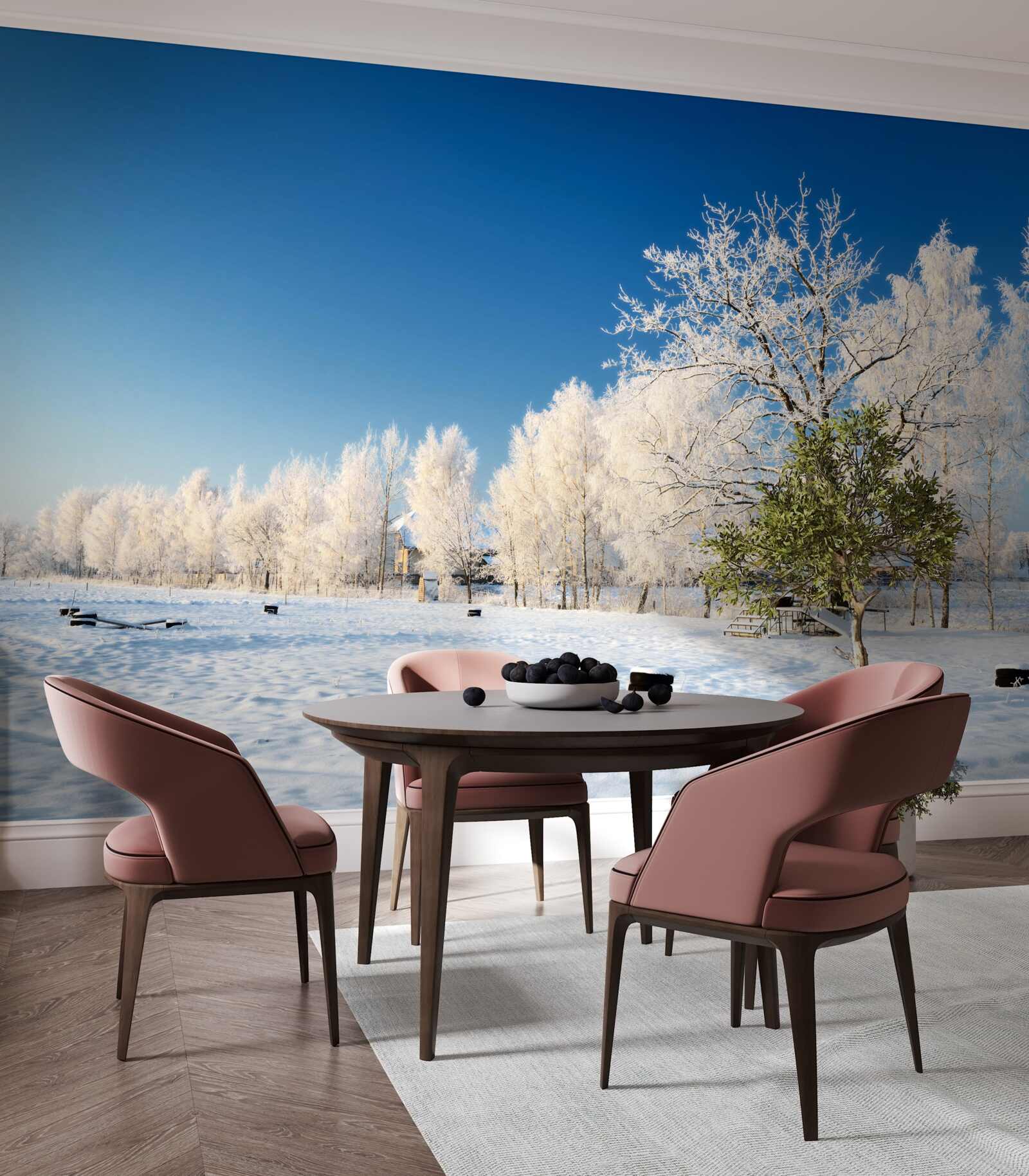 Фотошпалери казкова зима на тлі блакитного неба