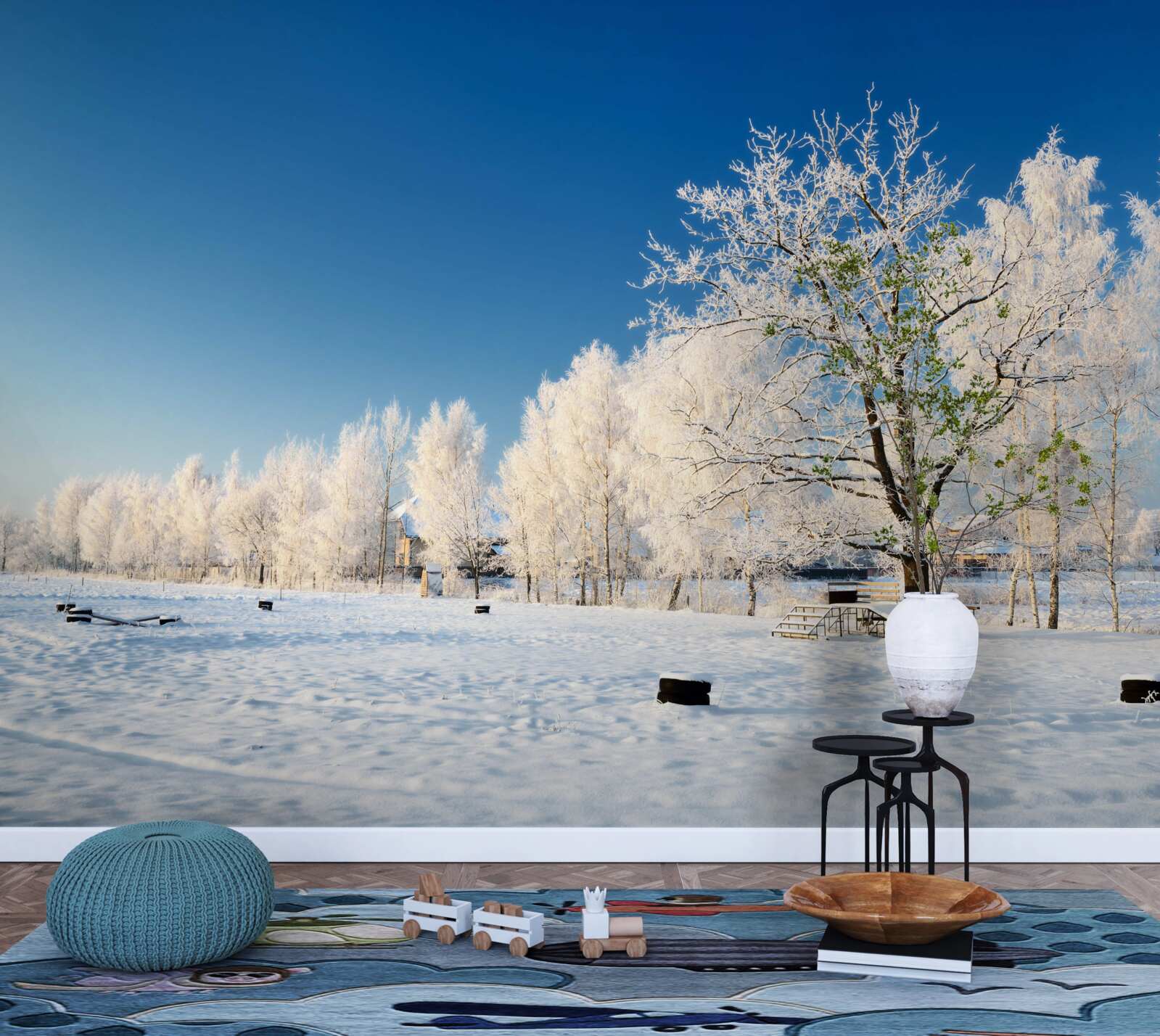 Фотошпалери казкова зима на тлі блакитного неба