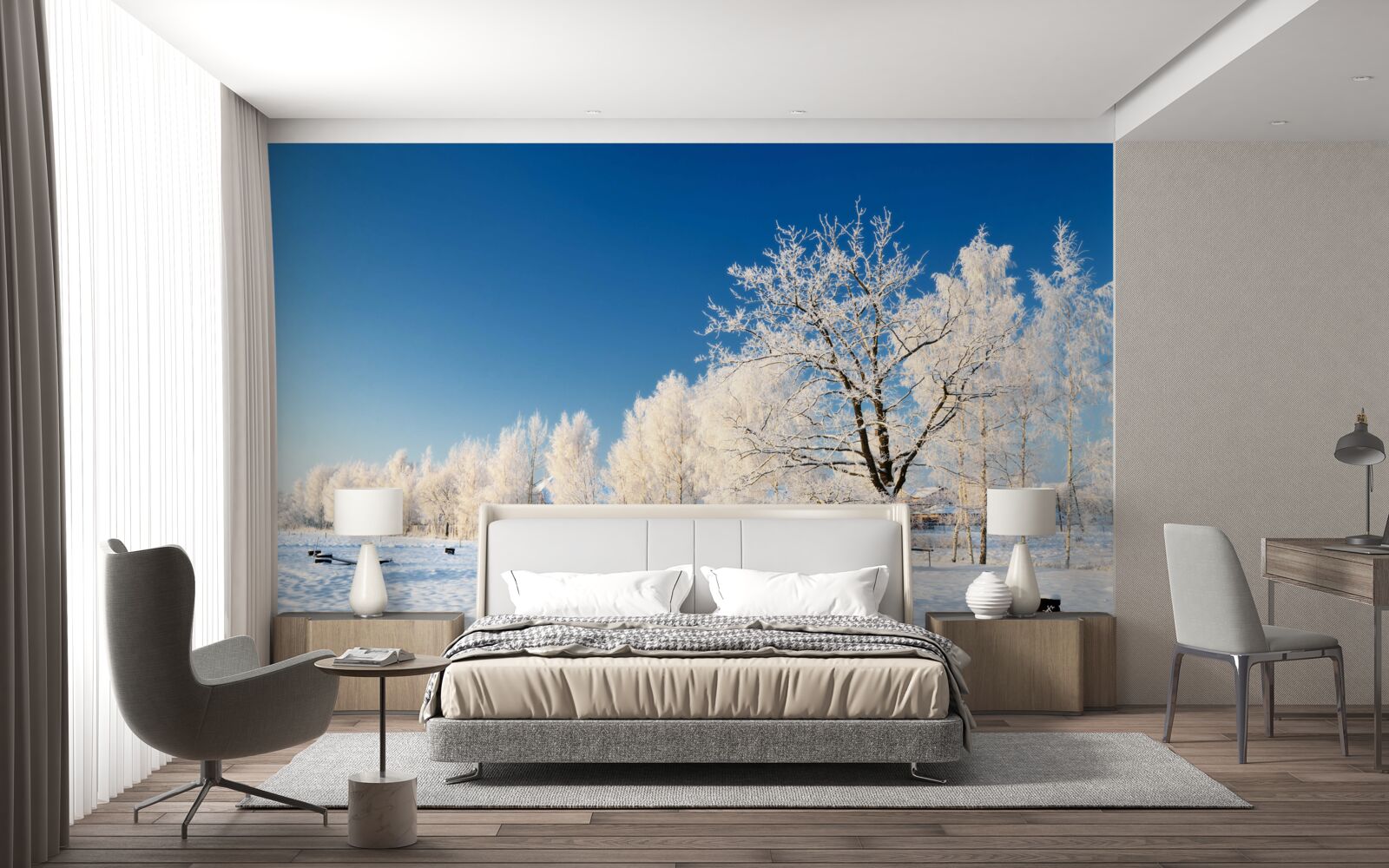 Фотошпалери казкова зима на тлі блакитного неба