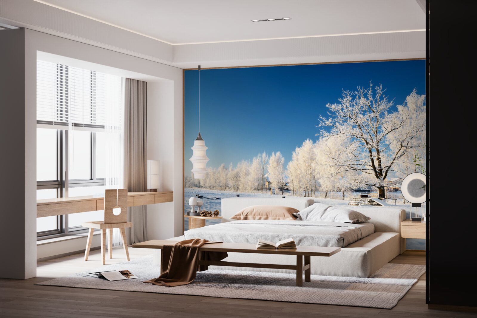 Фотошпалери казкова зима на тлі блакитного неба