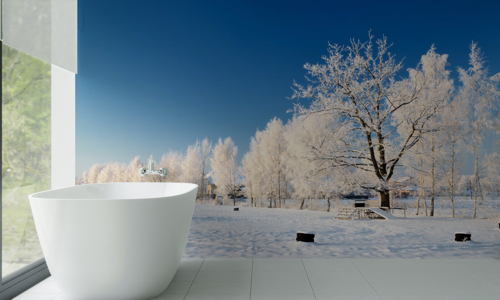 Фотошпалери казкова зима на тлі блакитного неба